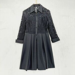 Roz & Ali Women's Black Lace Fit and Flare Midi Collared Button Up Dress P3794